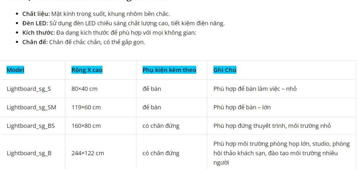 kích thước bảng lightboard